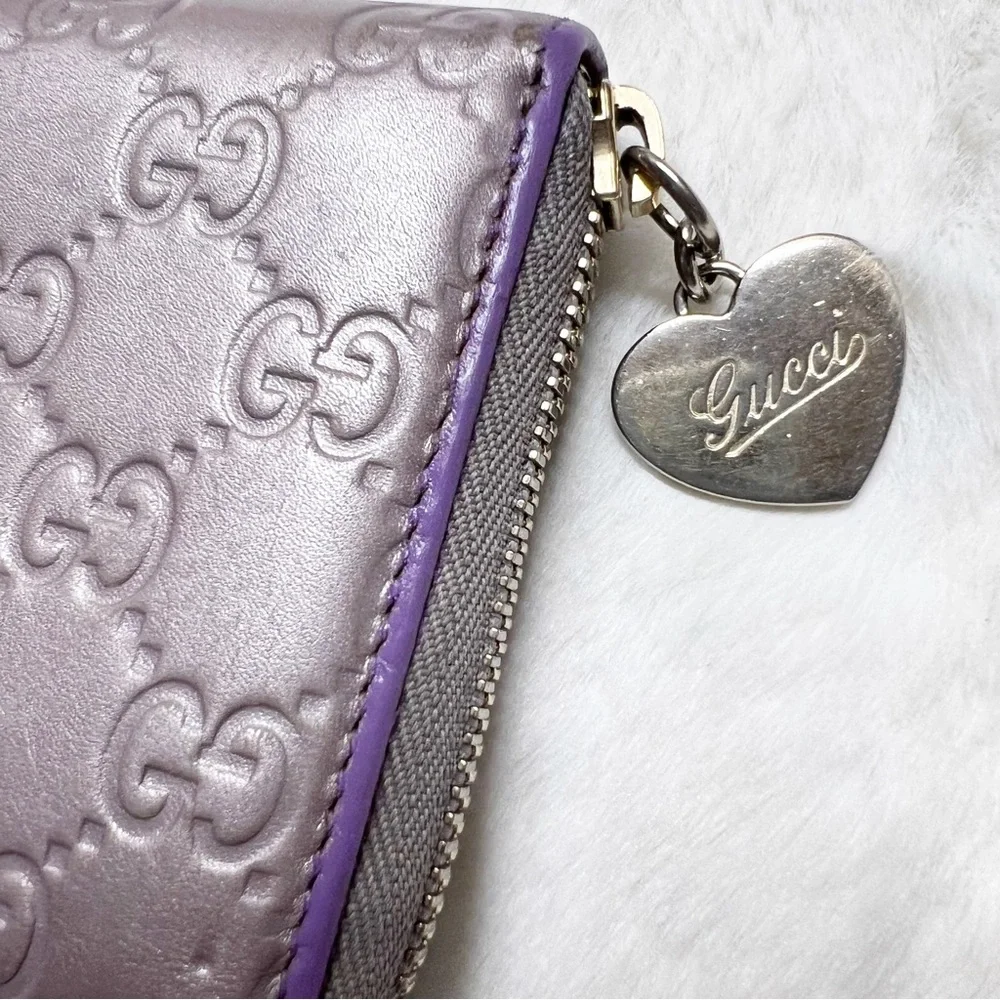 GUCCI GG Guccissima Heart Zip Around Long Wallet Metallic Lavender Authentic